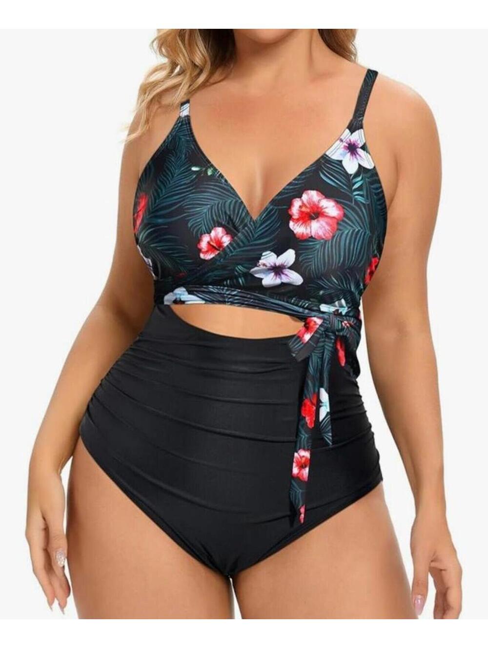 Women's Black and Floral One-Piece Swimsuit with Wrap Top - Size 18 NWOT